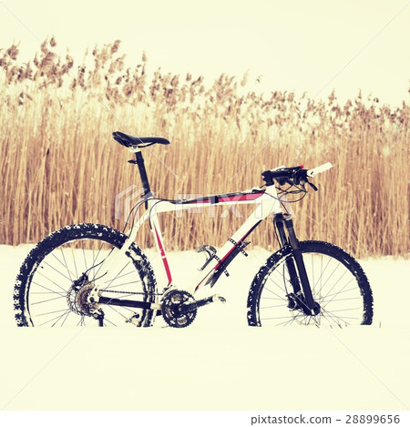 Mountain bike stay in snow. Snow melting on tyre. 28899656