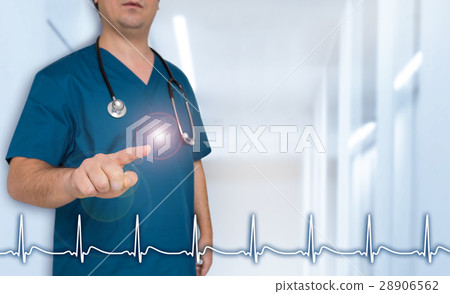 Doctor shows on viewer with heart rate template concept Doctor shows on viewer with heart rate template concept 28906562