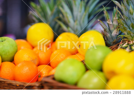 Fresh Tropical fruit basket in supermarket Fresh Tropical fruit basket in supermarket 28911888