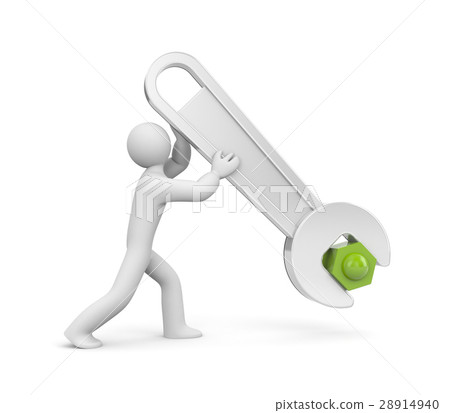 3d man with metal spanner twist or untwist the nut 28914940