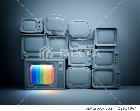 Pile of retro TV with one in standby - night scene Pile of retro TV with one in standby - night scene 28914964