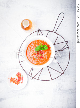 Bowl of Fresh tomato soup Gazpacho . 28915347