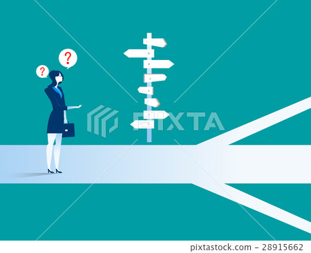 Businesswoman standing confused by direction sign Businesswoman standing confused by direction sign 28915662