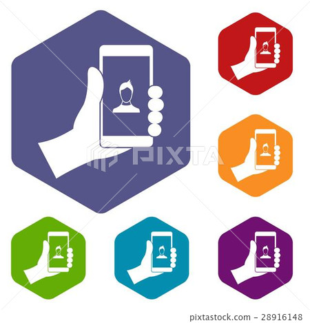 Hand holding smartphone with photo icons set 28916148