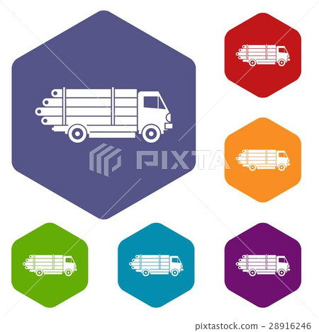 Log truck with the pile of logs icons set 28916246