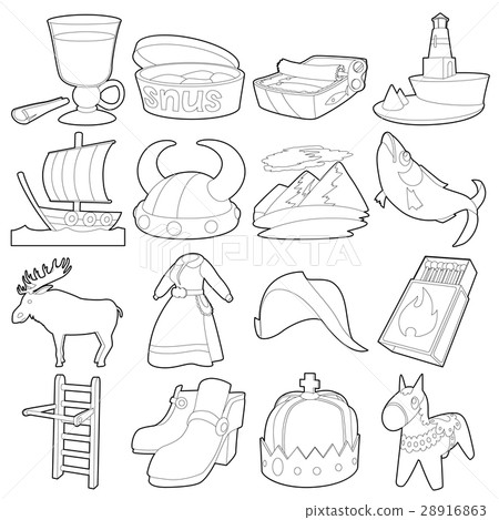 Sweden travel symbols icons set, outline style Sweden travel symbols icons set, outline style 28916863
