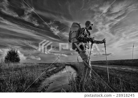 black-and-white contrast portrait of a man of adventure traveler 28918245