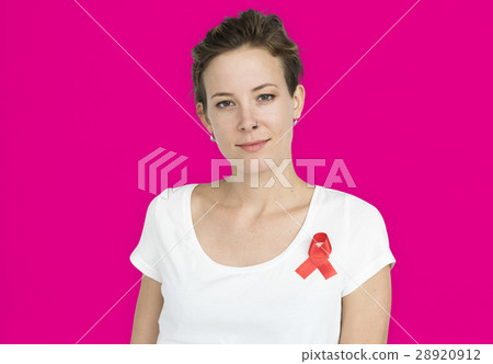 Woman Smiling Happiness Red Ribbon Charity Donation 28920912