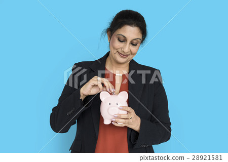 Woman Smiling Happiness Piggy Bank Concept Woman Smiling Happiness Piggy Bank Concept 28921581
