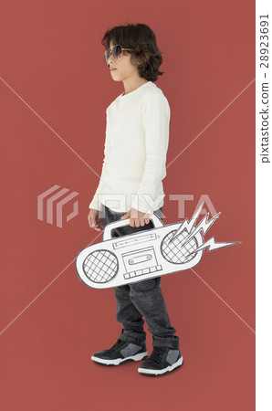 Caucasian Little Boy Holding Fake Jukebox Caucasian Little Boy Holding Fake Jukebox 28923691