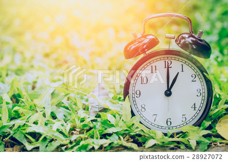 1 o'clock retro clock in the garden grass field. 1 o'clock retro clock in the garden grass field. 28927072