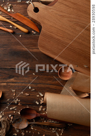 Composition of kitchen devices on wooden table 28930598