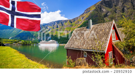 Cottage against cruise ship in fjord, Flam, Norway Cottage against cruise ship in fjord, Flam, Norway 28932910