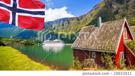 Cottage against cruise ship in fjord, Flam, Norway 28932911