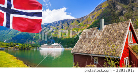 Cottage against cruise ship in fjord, Flam, Norway Cottage against cruise ship in fjord, Flam, Norway 28932912