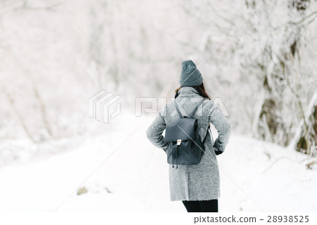 Girl in gray coat on a bridge in winter Girl in gray coat on a bridge in winter 28938525