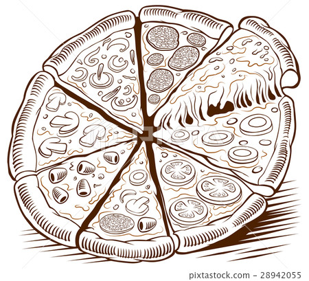 pizza mushroom, cheese, olive, hand drawing - Stock Illustration ...