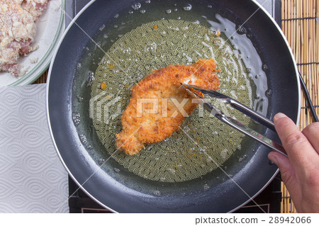 Chef deep fried pork in pan Chef deep fried pork in pan 28942066