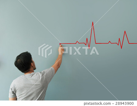Man drawing heartbeat with red chalk on wall. 28943900