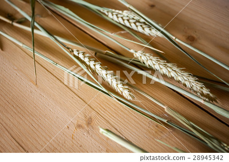Ears of wheat on wooden surface 28945342