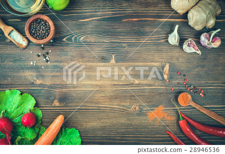 Food wooden background above Food wooden background above 28946536