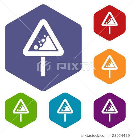 Falling rocks warning traffic sign icons set 28954459