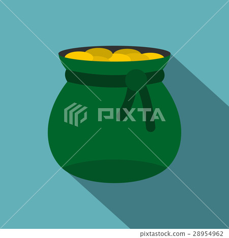 Green bag full of gold coins icon, flat style - Stock Illustration ...