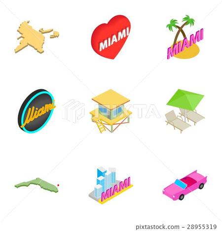 Miami icons set, isometric 3d style 28955319