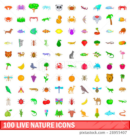 100 live nature icons set, cartoon style 28955407