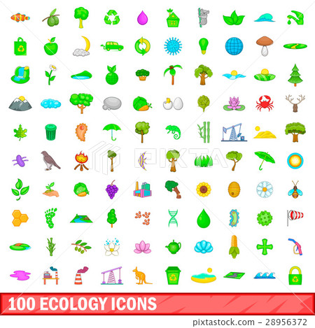 100 ecology icons set, cartoon style 28956372