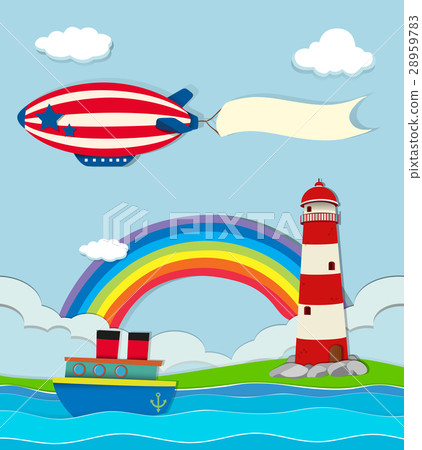 Balloon flying with white banner over the ocean Balloon flying with white banner over the ocean 28959783