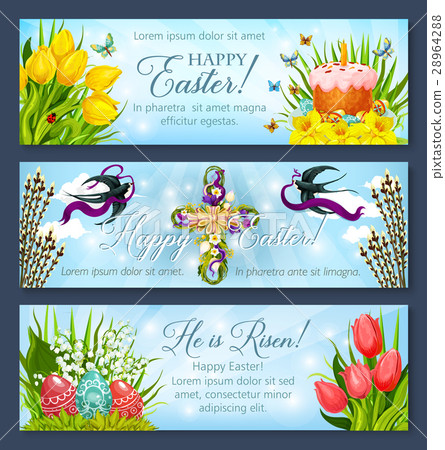 Easter banner set with egg, cake and flower cross Easter banner set with egg, cake and flower cross 28964288