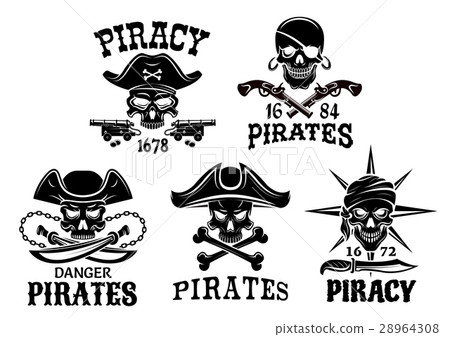 Pirate symbols and Jolly Roger vector icons set 28964308