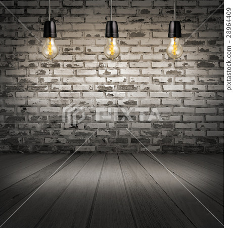 interior with white brick wall and wooden floor interior with white brick wall and wooden floor 28964409