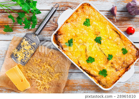 moussaka baked in oven in gratin dish 28965810