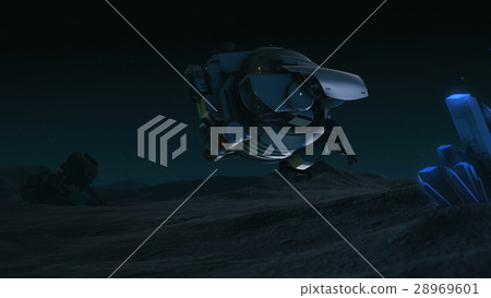 drone explores glowing crystal. Night sky 28969601