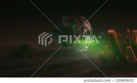 drone explores glowing crystal. Night sky 28969603