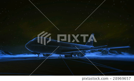 airliner on the runway in the mountains. Night sky 28969657