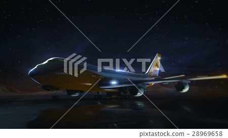 airliner on the runway in the mountains. Night sky 28969658