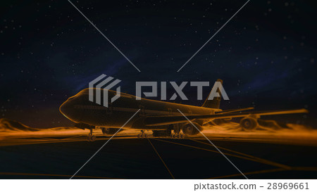 airliner on the runway in the mountains. Night sky 28969661