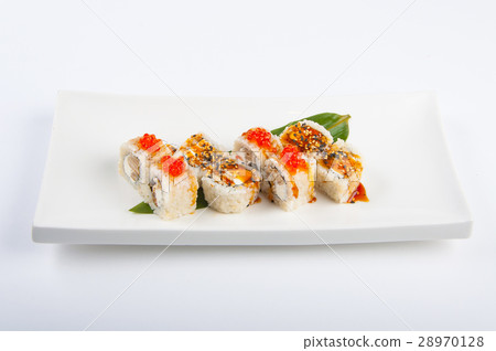 sushi roll with tuna, scrambled eggs, cream cheese sushi roll with tuna, scrambled eggs, cream cheese 28970128