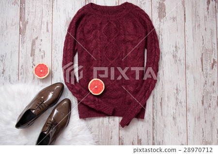 Maroon knitted sweater, brown patent leather shoes Maroon knitted sweater, brown patent leather shoes 28970712