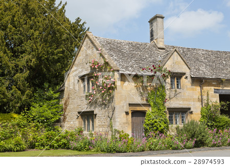 Old stone cottage with pink, red roses, ivy garden Old stone cottage with pink, red roses, ivy garden 28974593