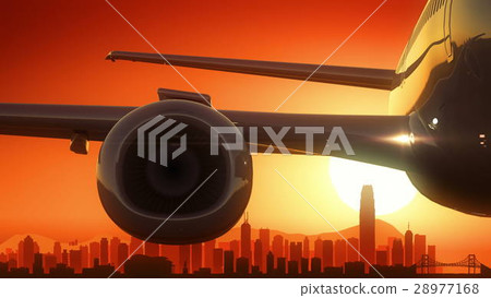 Hong Kong China Airplane Take Off Skyline Golden 28977168