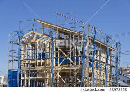 Residential detached houses Construction site image Scaffolding wooden 2 stories 28978868