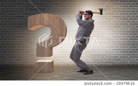 Angry man with axe axing the question mark Angry man with axe axing the question mark 28979616