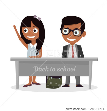 Schoolgirl and schoolboy sitting at Desk and raise Schoolgirl and schoolboy sitting at Desk and raise 28981711