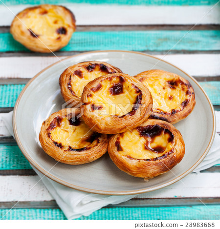 Egg tart. Portuguese dessert. Wooden background. Egg tart. Portuguese dessert. Wooden background. 28983668