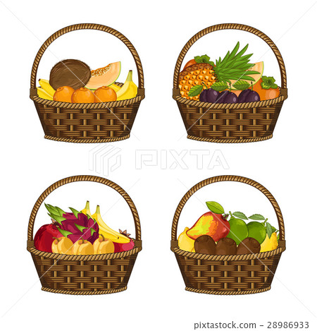 Fresh organic fruit in wicker basket set 28986933