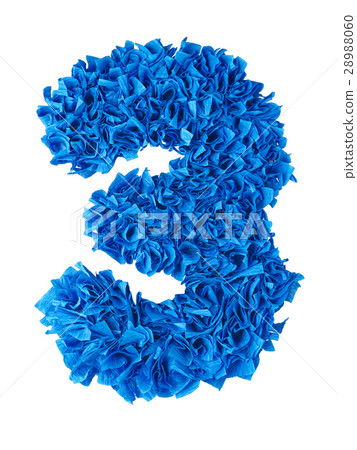 Three. Handmade number 3 from blue scraps of paper Three. Handmade number 3 from blue scraps of paper 28988060
